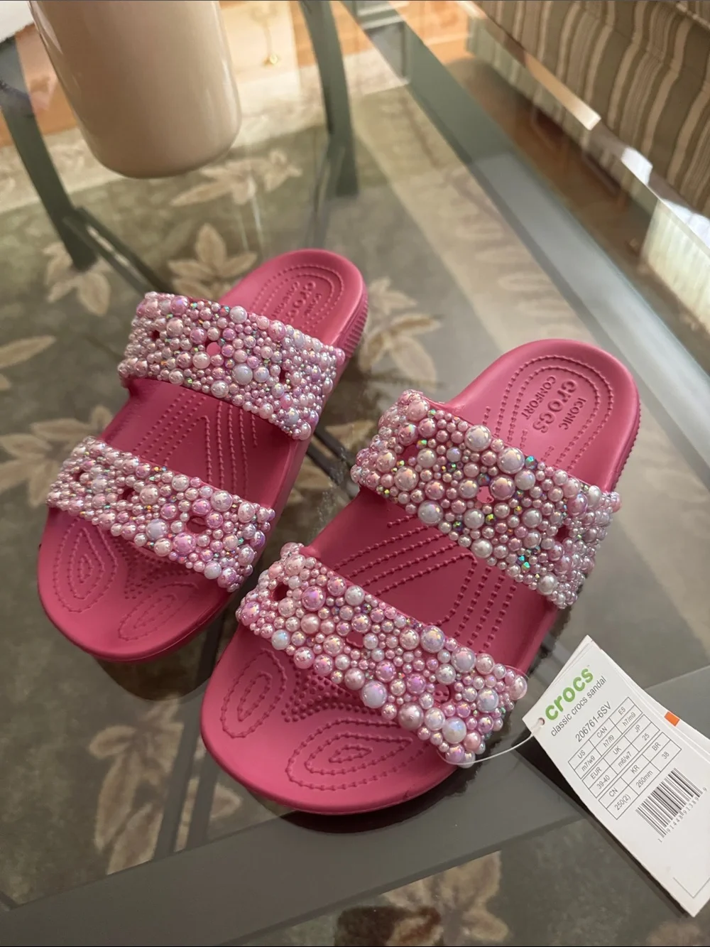 CROCS Pink Pearl-Embellished Double-Strap Slides